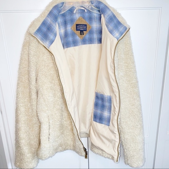 Pendleton Sherpa Cream Zip Jacket Blue Plaid Accents XL Gorpcore cozy - Picture 9 of 15